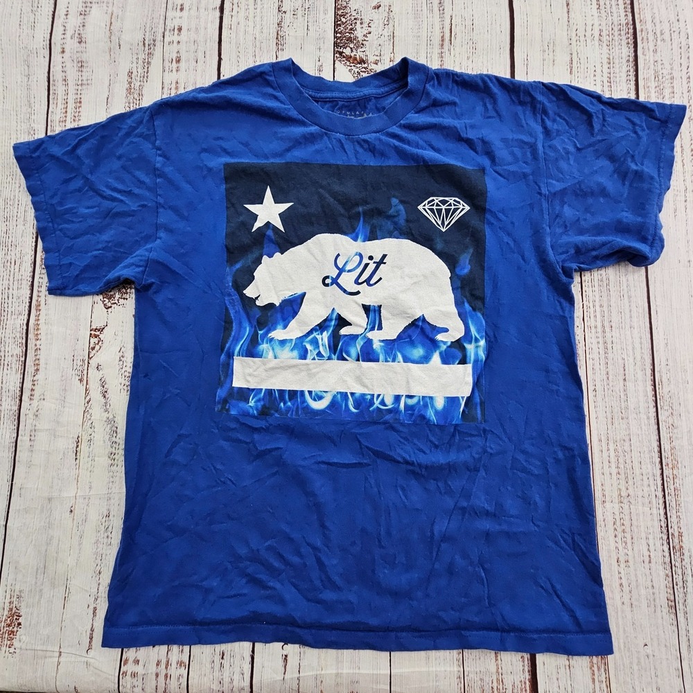 Popular Poison Lit Bear Diamond Blue Short Sleeve Cotton T-Shirt Men's L